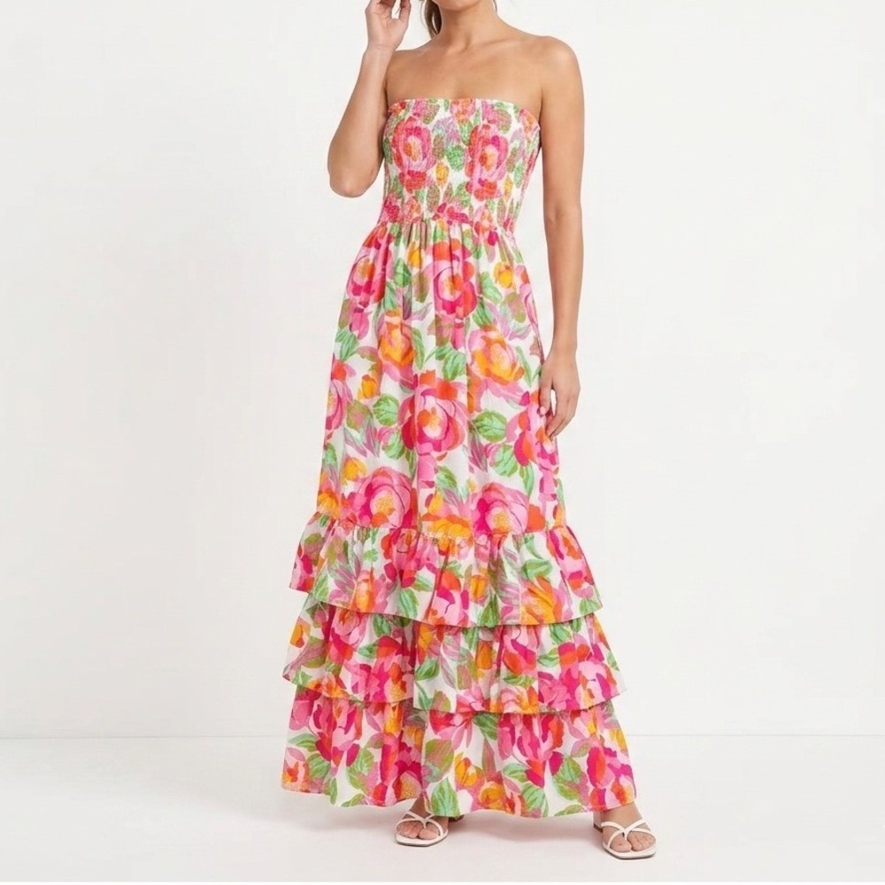 Abel the Label Strapless Maxi Dress Medium Pink Floral Smocked Anthropologie - Picture 2 of 7